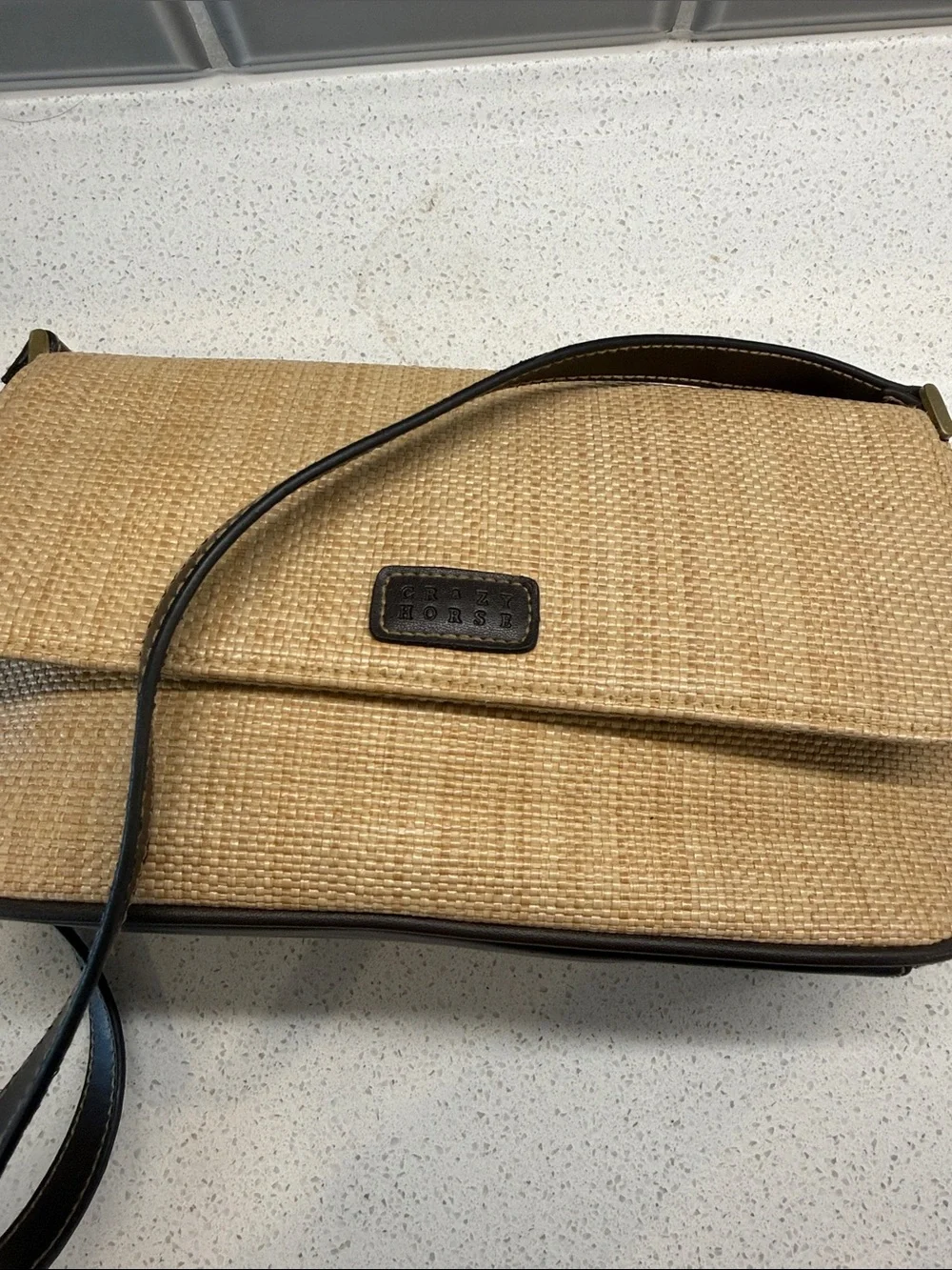 Crazy Horse Women’s Beige Crossbody Shoulder Bag with Dark Brown Trim